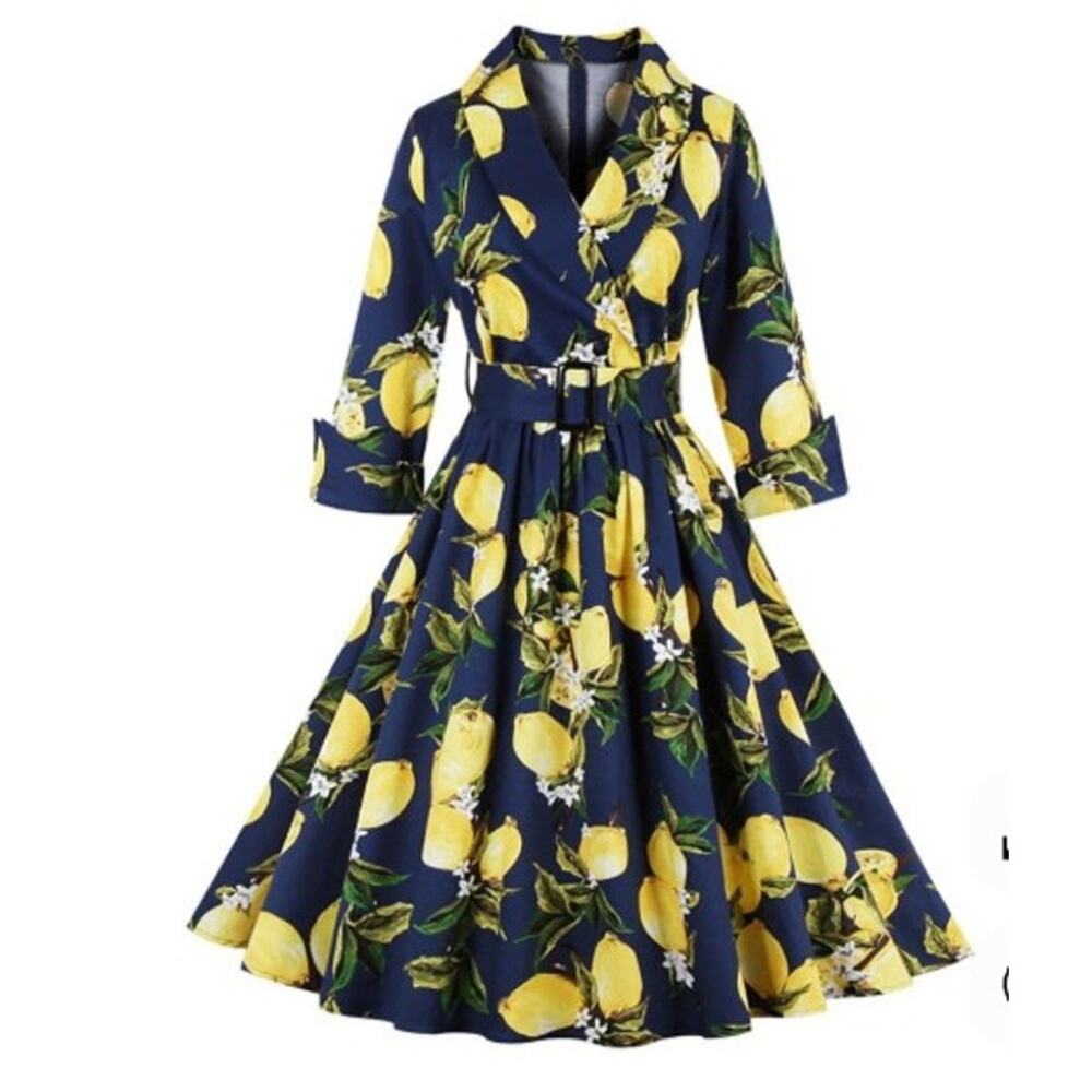 Classic Navy Lemon Print Midi Dress with Belt